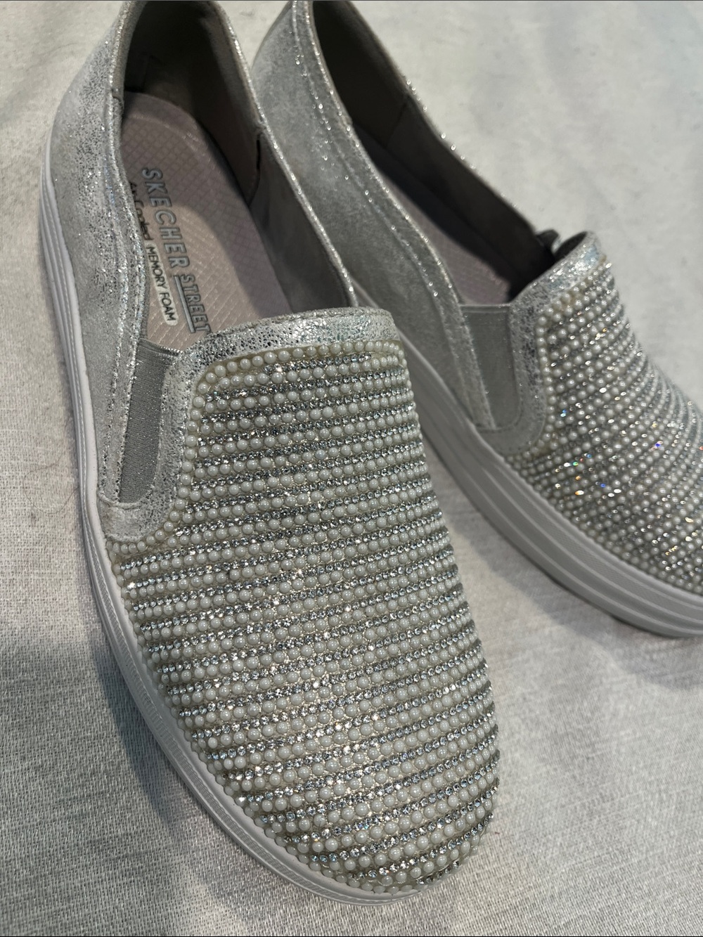 Skechers Silver Pearl & Rhinestone Slip-On Sneakers
